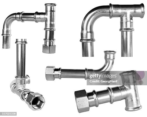 five silver water pipes against a white background - pipes stock pictures, royalty-free photos & images