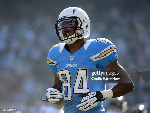 Danario Alexander of the San Diego Chargers comes to the line during a 16-13 win over the Baltimore Ravens at Qualcomm Stadium on November 25, 2012...