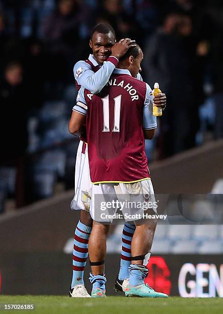 Christian Benteke of Aston Villa is congratulated by team-mate Gabriel Agbonlahor at the end of the Barclays Premier league match between Aston Villa...