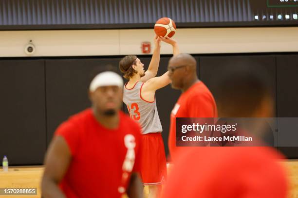 August 1 - Kelly Olynyk of Canada's men's basketball team takes a shot during the FIBA Men's Basketball World Cup training camp at the OVO Athletic...