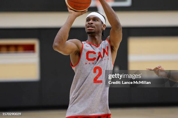 August 1 - Shai Gilgeous-Alexander of Canada's men's basketball team takes a shot during the FIBA Men's Basketball World Cup training camp at the OVO...