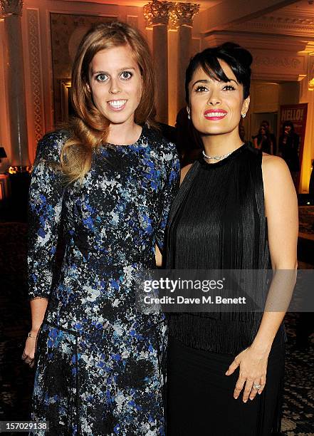 Princess Beatrice of York and Salma Hayek attend a drinks reception at the British Fashion Awards 2012 at The Savoy Hotel on November 27, 2012 in...