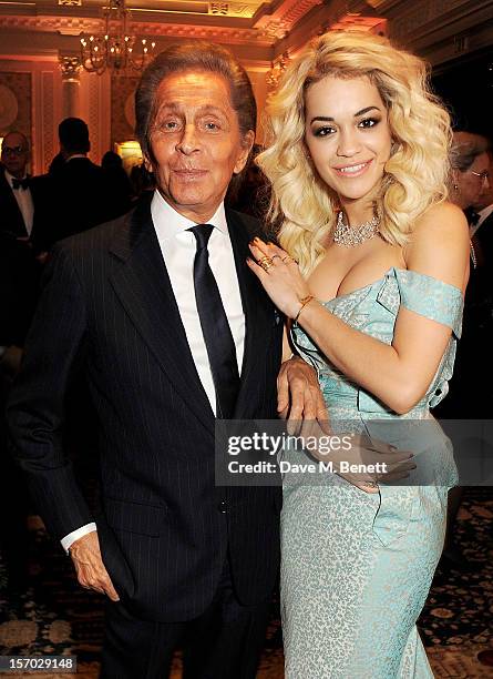 Valentino Garavani and Rita Ora attend a drinks reception at the British Fashion Awards 2012 at The Savoy Hotel on November 27, 2012 in London,...