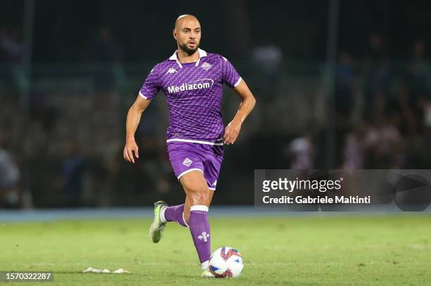 Sofyan Amrabat of ACF Fiorentina in action during the Pre-season Friendly match between Grosseto and Fiorentina at Stadio Olimpico on August 1, 2023...