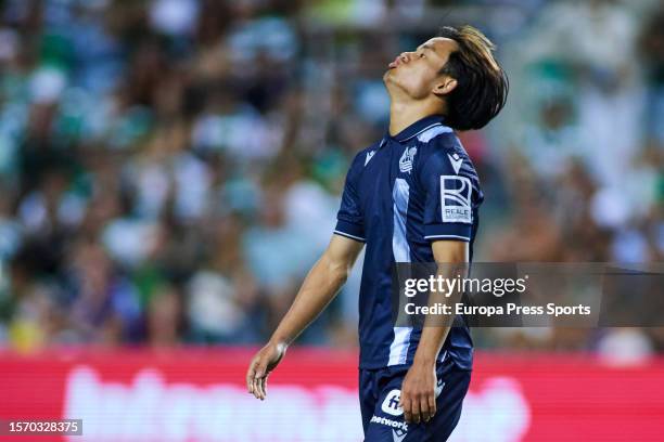 Takefusa Kubo of Real Sociedad laments during Desafios Betano football match played between Sporting CP and Real Sociedad at Algarve stadium on July...