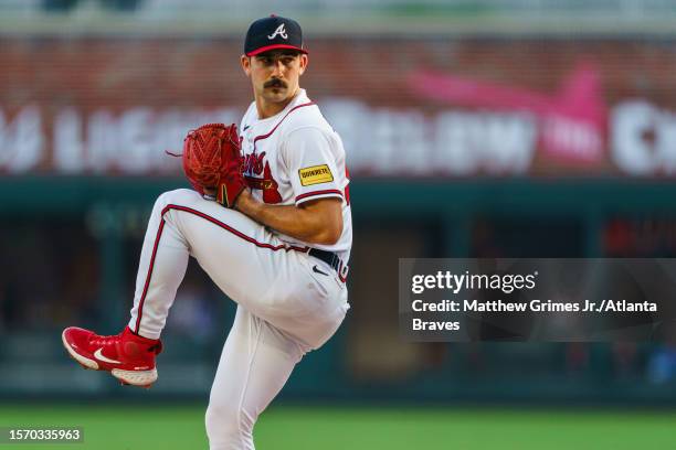 Spencer Strider of the Atlanta Braves pitches in the first inning during the game against the Los Angeles Angels at Truist Park on August 1, 2023 in...