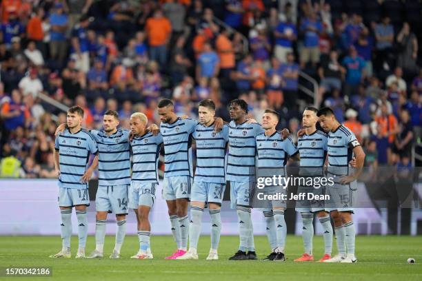 Sporting Kansas City players line up during a penalty shootout against FC Cincinnati in a Leagues Cup match at TQL Stadium on July 23, 2023 in...