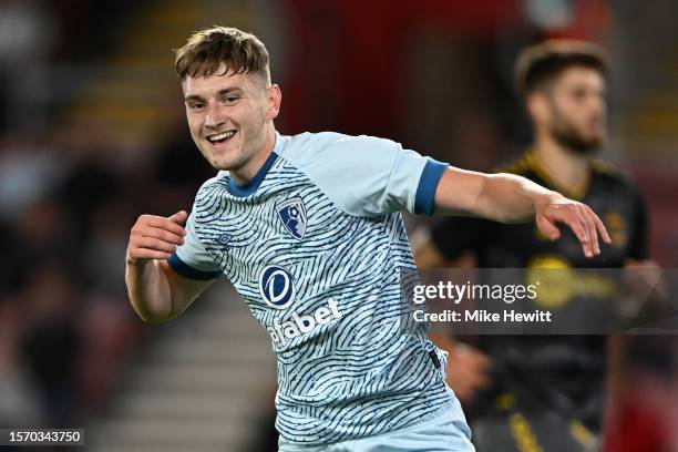 David Brooks of AFC Bournemouth celebrates after scoring the team's third goal during the Pre-Season Friendly between Southampton FC and AFC...