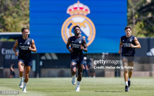 Lucas Vazquez, Vinicius Junior and Fran Garcia of Real Madrid in action during training on July 25, 2023 in Los Angeles, California.