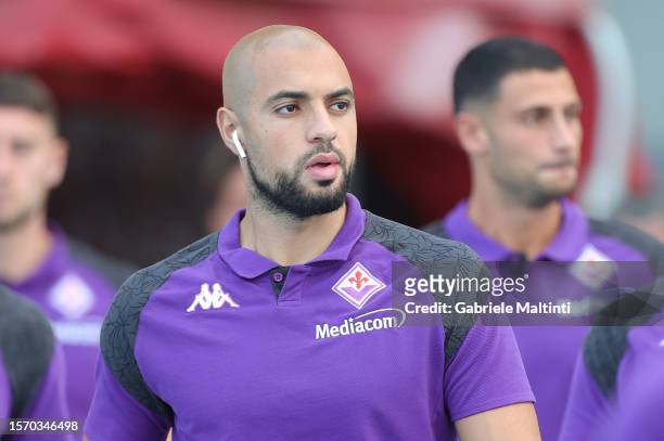 Sofyan Amrabat of ACF Fiorentina looks on during the Pre-season Friendly match between Grosseto and Fiorentina at Stadio Olimpico on August 1, 2023...