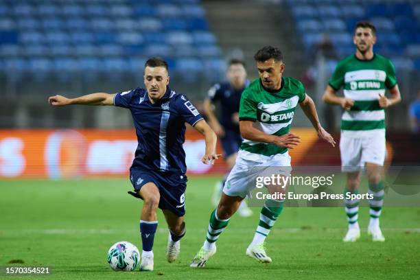 Diego Rico of Real Sociedad in action during Desafios Betano football match played between Sporting CP and Real Sociedad at Algarve stadium on July...