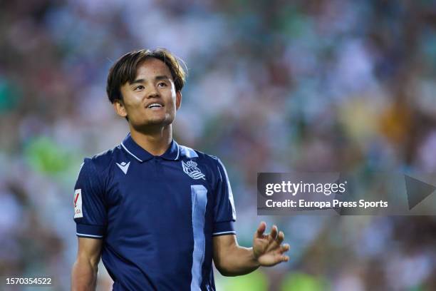 Takefusa Kubo of Real Sociedad gestures during Desafios Betano football match played between Sporting CP and Real Sociedad at Algarve stadium on July...