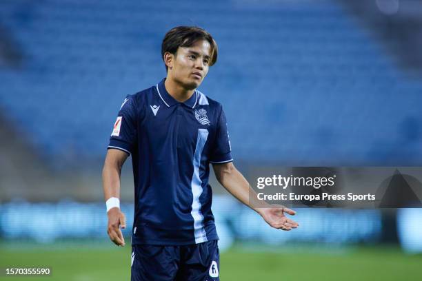 Takefusa Kubo of Real Sociedad looks on during Desafios Betano football match played between Sporting CP and Real Sociedad at Algarve stadium on July...