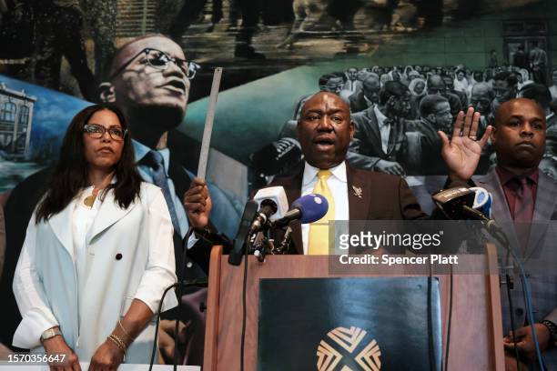 Civil rights attorney Ben Crump is joined by co-counsel Ray Hamlin and Malcolm X's daughter IIyasah Shabazz at a news conference on July 25, 2023 in...