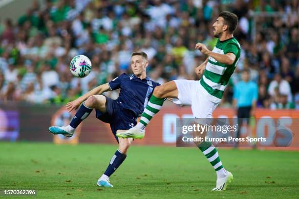 Igor Zubimendi of Real Sociedad in action during Desafios Betano football match played between Sporting CP and Real Sociedad at Algarve stadium on...