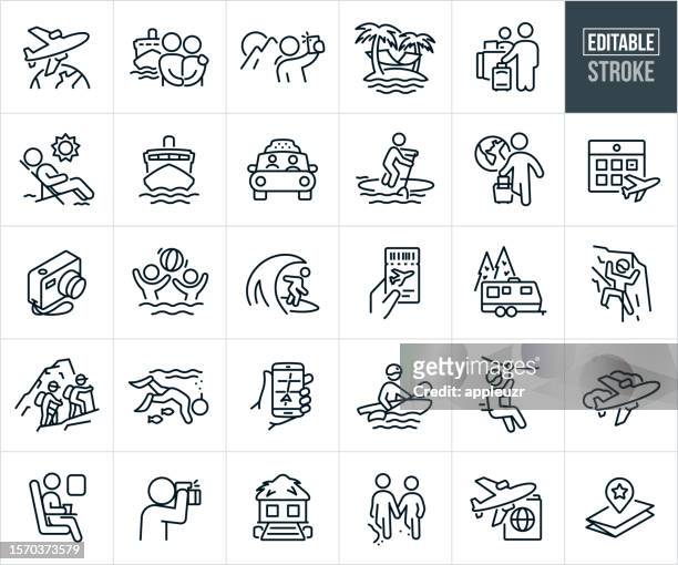 travel and vacation thin line icons - editable stroke - children taking selfie stock illustrations