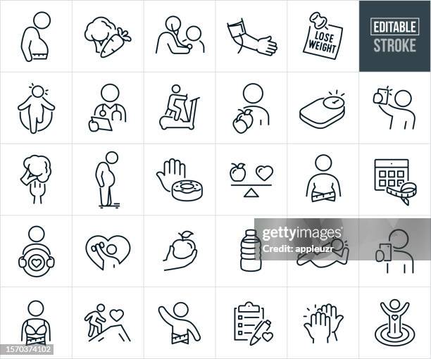 diät und gewichtsverlust dünne liniensymbole - bearbeitbarer strich - körperbewusstsein stock-grafiken, -clipart, -cartoons und -symbole