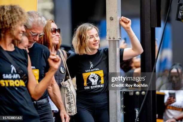 Stephen Lang, Lauren Ambrose, and Chloe Grace Moretz as SAG-AFTRA members hold "Rock The City For A Fair Contract" rally in Times Square on July 25,...