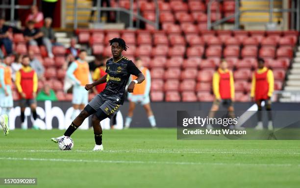 Romeo Lavia of Southampton in action during the pre-season friendly match between Southampton FC vs AFC Bournemouth at St Mary's Stadium on July 25,...