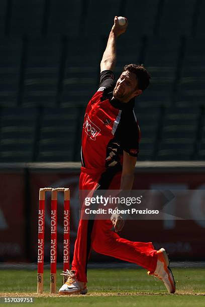 Jake Haberfield of the Redbacks bowls during the Ryobi One Day Cup match between the Victorian Bushrangers and the South Australian Redbacks at...