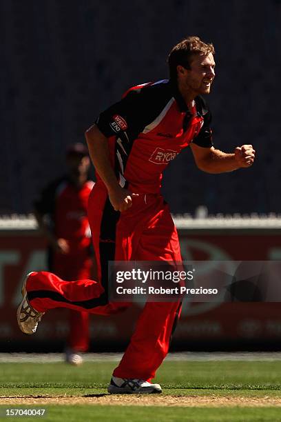 Gary Putland of the Redbacks celebrates the wicket of Cameron White of the Bushrangers during the Ryobi One Day Cup match between the Victorian...