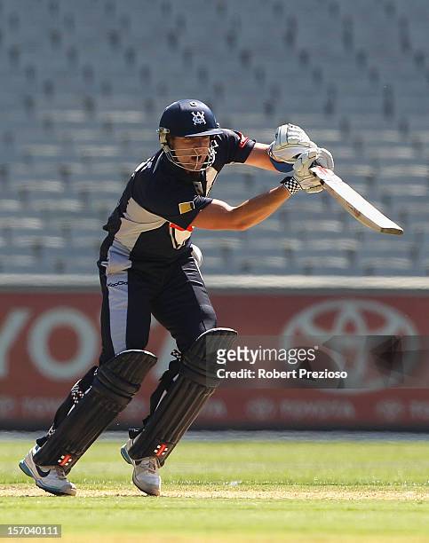 Cameron White of the Bushrangers plays a shot during the Ryobi One Day Cup match between the Victorian Bushrangers and the South Australian Redbacks...