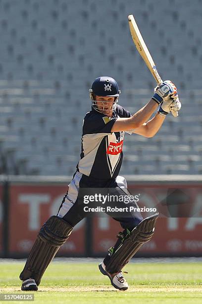 Peter Handscomb of the Bushrangers plays a shot during the Ryobi One Day Cup match between the Victorian Bushrangers and the South Australian...