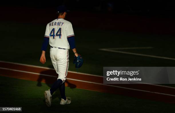 Andrew Heaney of the Texas Rangers leaves the mound after pitching against the Chicago White Sox during the second inning at Globe Life Field on...