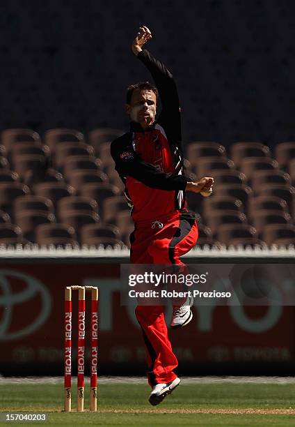 Johan Botha of the Redbacks bowls during the Ryobi One Day Cup match between the Victorian Bushrangers and the South Australian Redbacks at Melbourne...