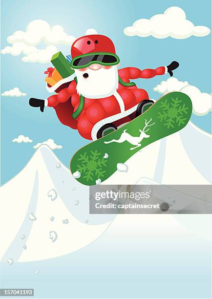 ilustraciones, imágenes clip art, dibujos animados e iconos de stock de extreme snowboard santa - snowboard