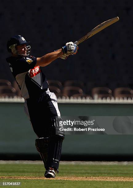 Peter Handscomb of the Bushrangers plays a shot during the Ryobi One Day Cup match between the Victorian Bushrangers and the South Australian...