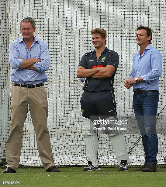 Tom Moody, Shane Watson and Adam Gilchrist look on during an Australian training session at WACA on November 28, 2012 in Perth, Australia.