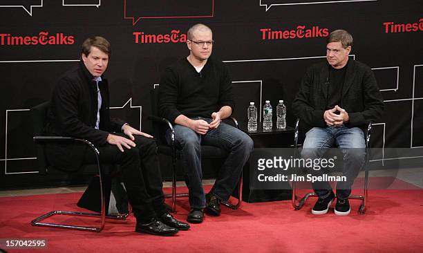 Writer Hugo Lindgren, actor Matt Damon and director Gus Van Sant attend TimesTalk Presents An Evening With Marion Cotillard, Matt Damon & Gus Van...