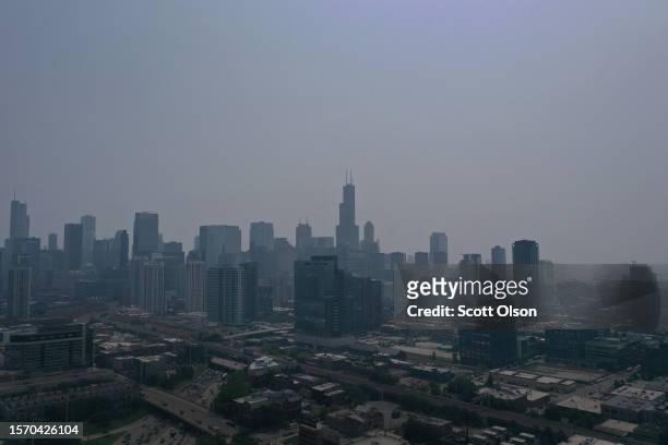 Smoke from Canadian wildfires obscures the skyline on July 25, 2023 in Chicago, Illinois. The smoke has the city ranked fourth for the worst air...
