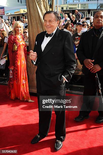 Barry Humphries arrives at the "The Hobbit: An Unexpected Journey" world premiere at the start of the red carpet on November 28, 2012 in Wellington,...