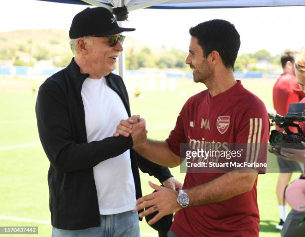 Arsenal owner Stan Kroenke with manager Mikel Arteta after a training session at the LA Rams Training Facility on July 24, 2023 in Thousands Oaks,...
