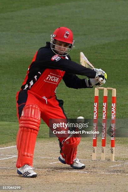 Phillip Hughes of the Redbacks plays a shot during the Ryobi One Day Cup match between the Victorian Bushrangers and the South Australian Redbacks at...