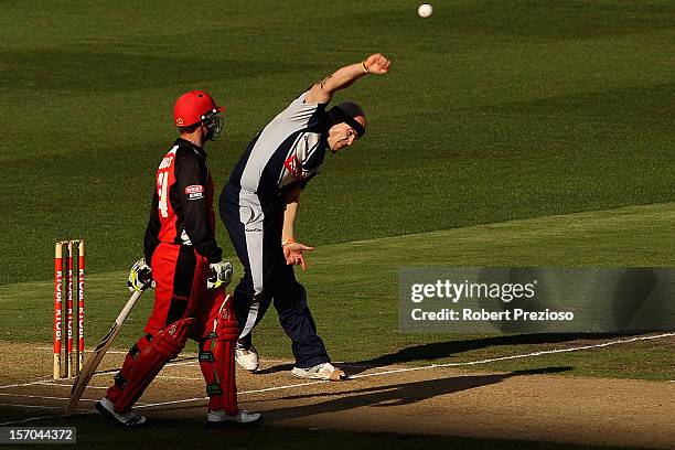 Jayde Herrick of the Bushrangers bowls during the Ryobi One Day Cup match between the Victorian Bushrangers and the South Australian Redbacks at...