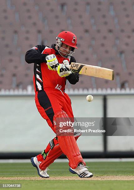 Phillip Hughes of the Redbacks plays a shot during the Ryobi One Day Cup match between the Victorian Bushrangers and the South Australian Redbacks at...