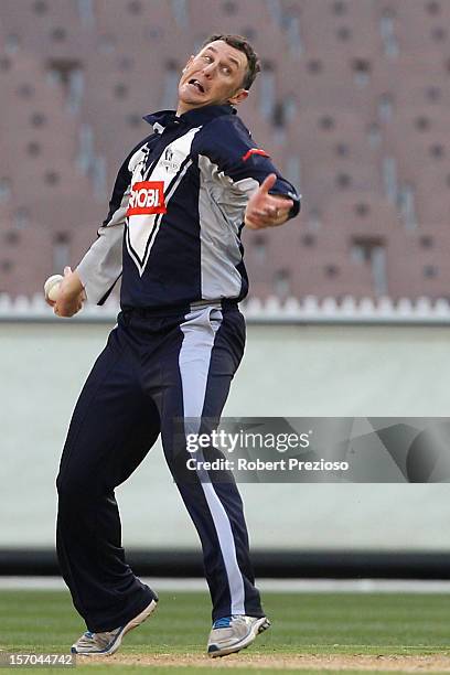 David Hussey of the Bushrangers bowls during the Ryobi One Day Cup match between the Victorian Bushrangers and the South Australian Redbacks at...