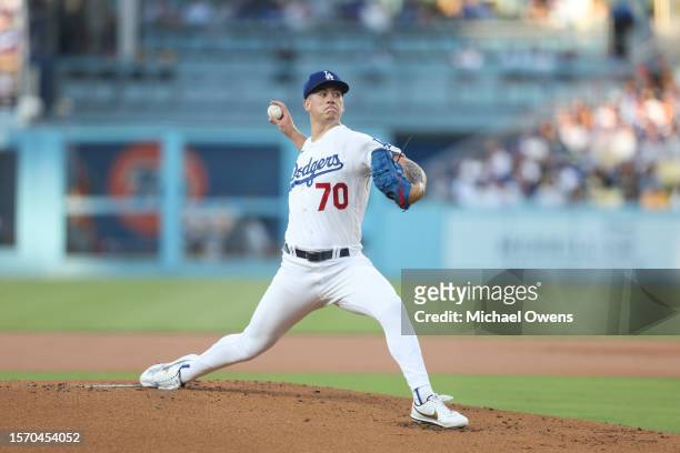 Bobby Miller of the Los Angeles Dodgers pitches against the Pittsburgh Pirates during the first inning at Dodger Stadium on July 05, 2023 in Los...