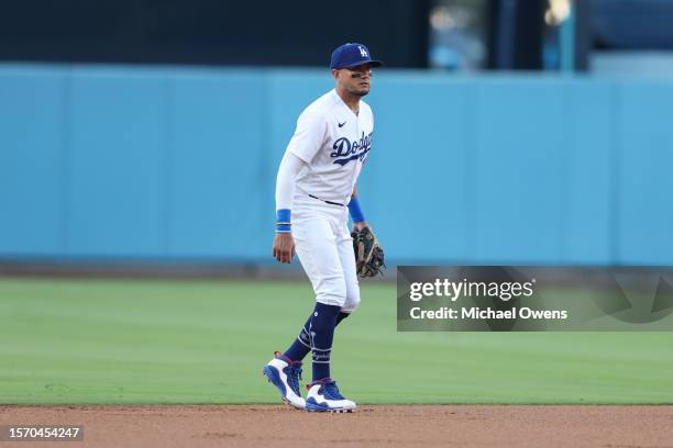 Miguel Rojas of the Los Angeles Dodgers defends against the Pittsburgh Pirates during the first inning at Dodger Stadium on July 05, 2023 in Los...