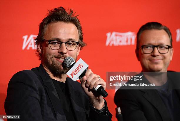 Directors Joachim Roenning and Espen Sandberg attend the 2012 Variety Screening Series of "Kon-Tiki" at Mann Chinese 6 on November 27, 2012 in Los...