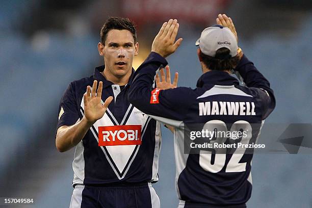 Scott Boland of the Bushrangers celebrates the wicket of Michael Klinger of the Redbacks during the Ryobi One Day Cup match between the Victorian...