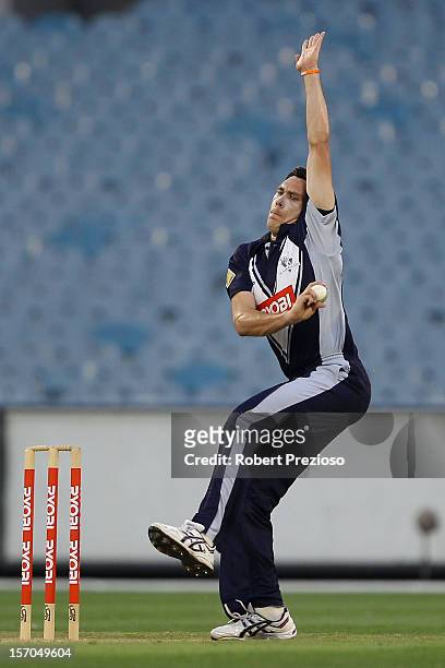 Scott Boland of the Bushrangers bowls during the Ryobi One Day Cup match between the Victorian Bushrangers and the South Australian Redbacks at...