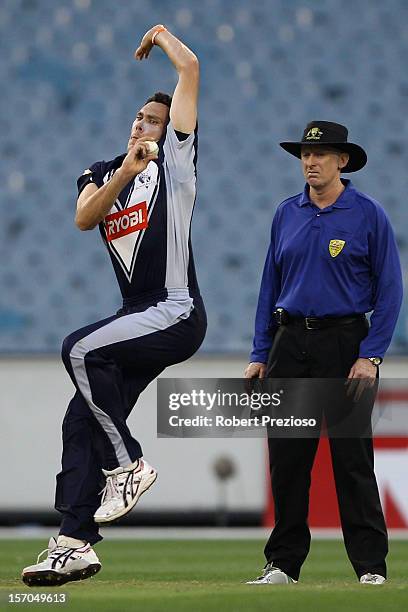 Scott Boland of the Bushrangers bowls during the Ryobi One Day Cup match between the Victorian Bushrangers and the South Australian Redbacks at...