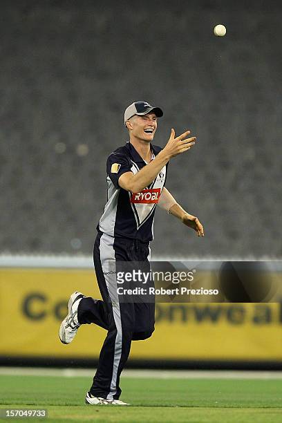 Alex Keath of the Bushrangers celebrates after taking a catch to dismiss Daniel Christian of the Redbacks off the bowling of Scott Boland of the...