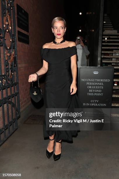 Lily Allen seen leaving the Duke of York's Theatre after her performance in "The Pillowman" on July 25, 2023 in London, England.