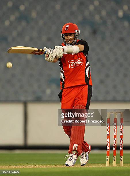 Tom Cooper of the Redbacks plays a shot during the Ryobi One Day Cup match between the Victorian Bushrangers and the South Australian Redbacks at...