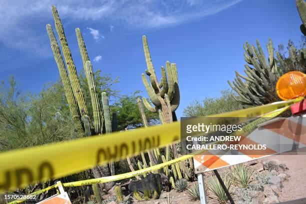 Caution tape is seen at a construction site near saguaro cactus at the Phoenix botanical gardens in Phoenix Arizona on August 1, 2023. Extreme heat...